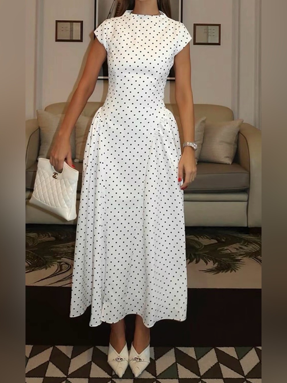 Classic White Polka Dot Midi Dress